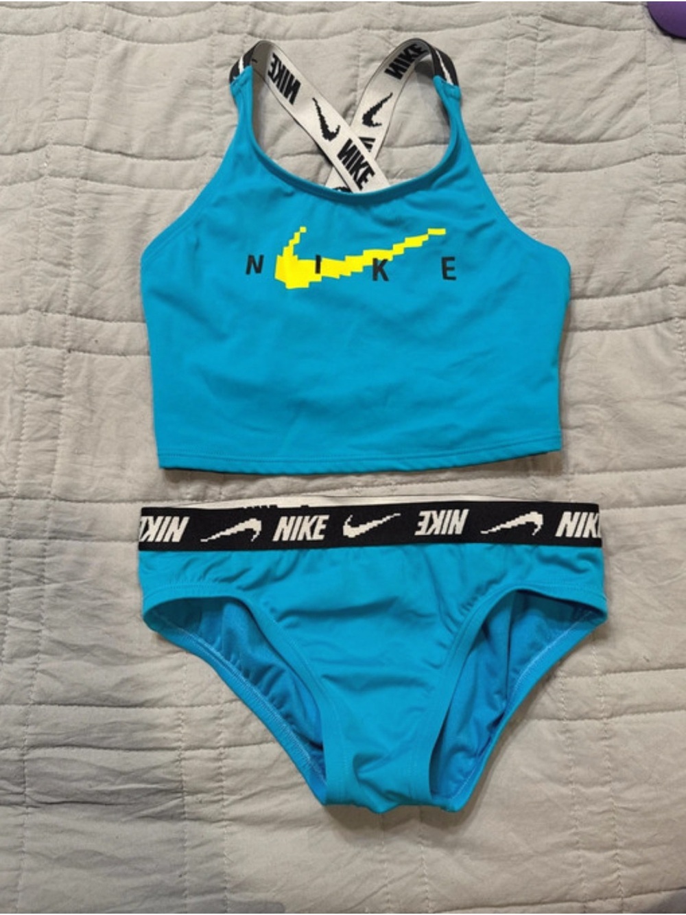 Nike Girls' Bright Blue Two-Piece Swim Set with Neon Yellow Swoosh